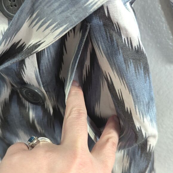 Vertigo Paris Blue Gray Ikat chevron zigzag print trench coat belted jacket M - Picture 7 of 8